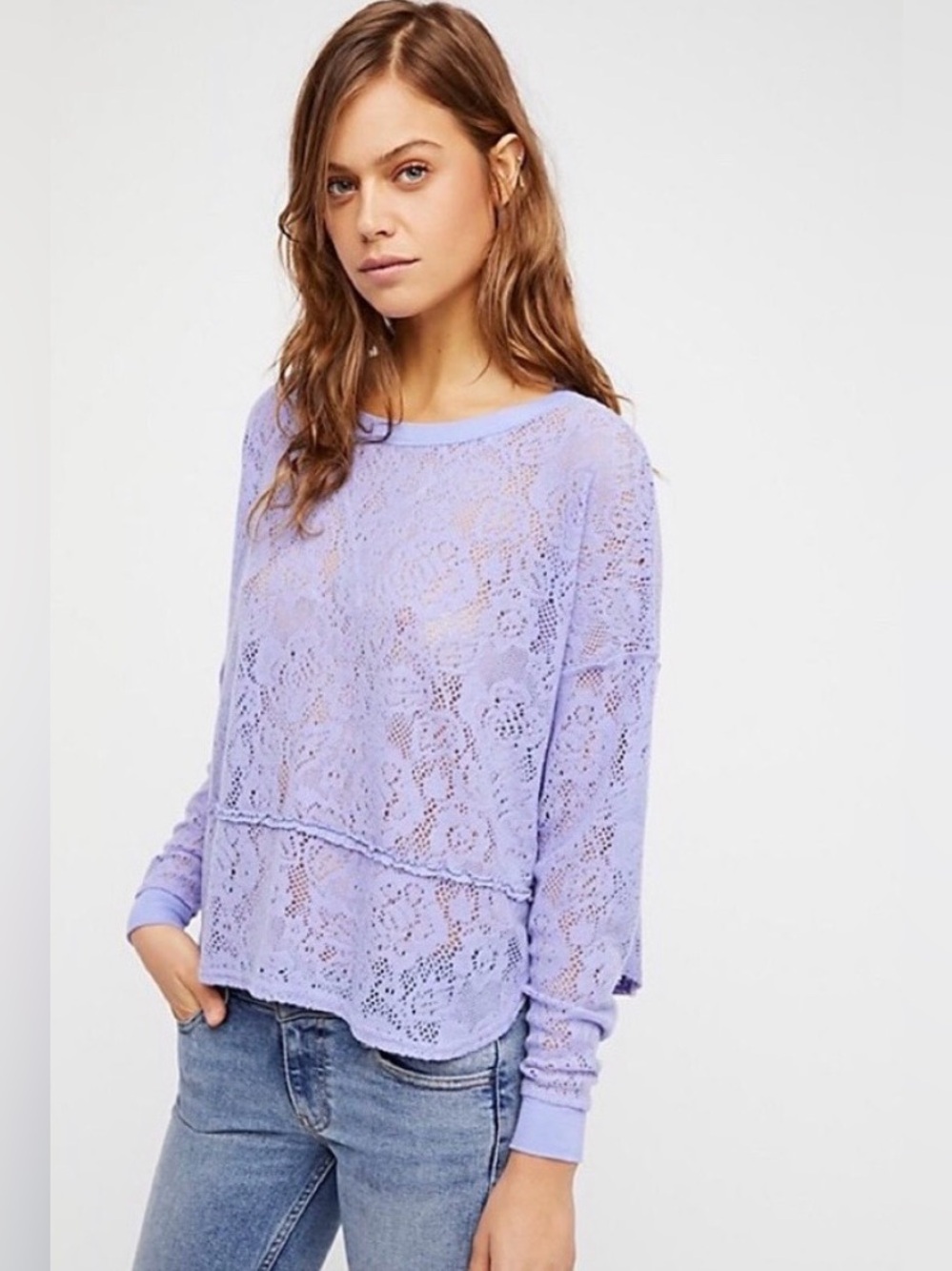 Free People Glacier Not Cold Sheer Lilac Lavender Lace Top Large - Picture 2 of 6